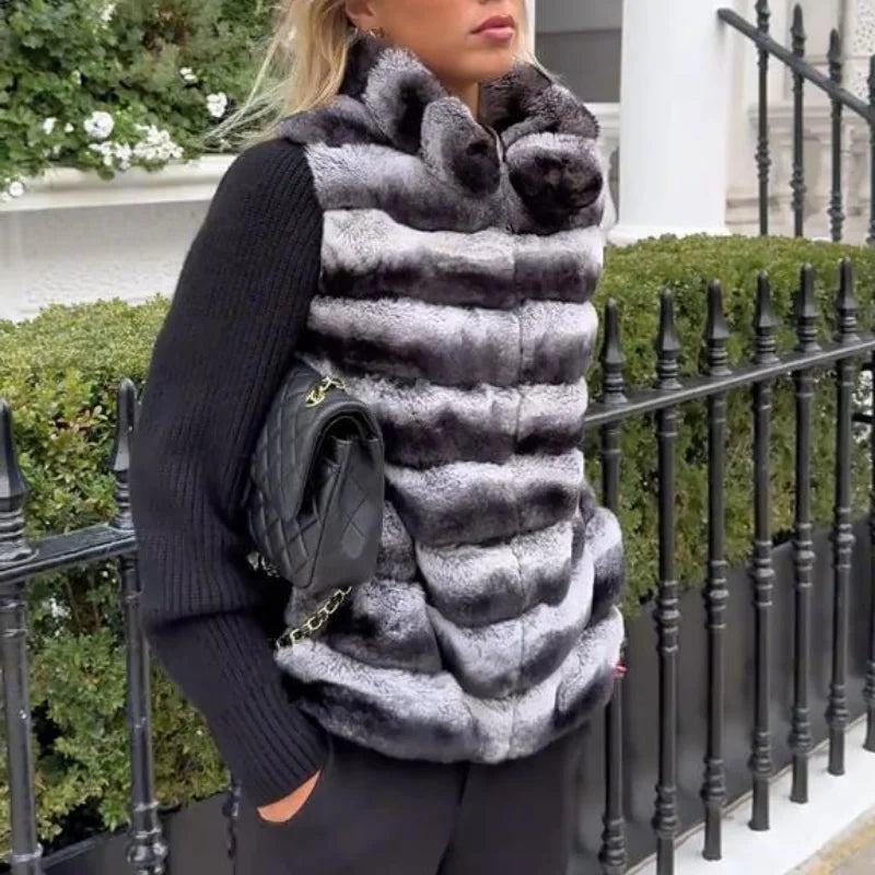 Faux Fur Patchwork Knit Coat With High Collar for Women