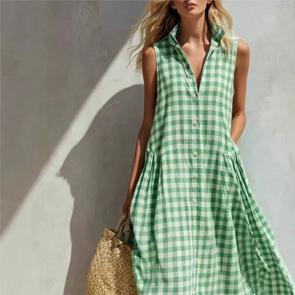Loose Plaid Sleeveless Single Breasted Maxi Dress for Women