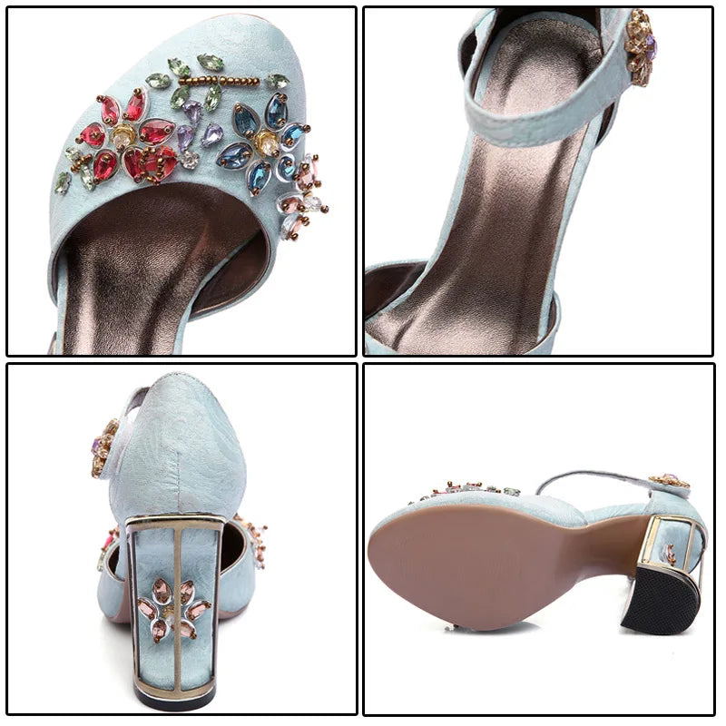 Handmade Rhinestone Embellished Crystal Flower Mary Janes for Women