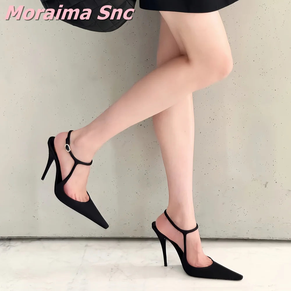 Black Satin Pointed Toe Ankle Strap Stiletto Sandals For Women