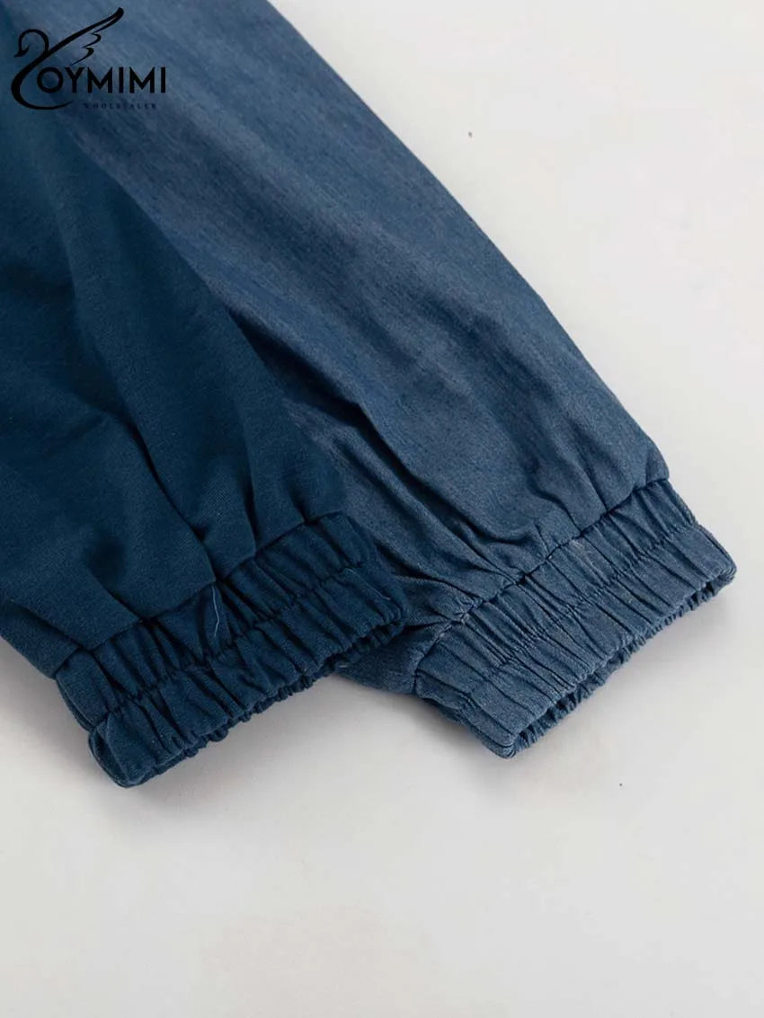 Oymimi Casual Blue Patchwork Sets For Women 2 Pieces O-Neck Long Sleeve Blouse And Drawstring Straight Sweatpants Set Streetwear