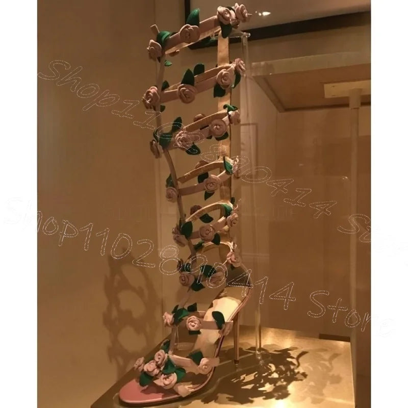 Pink Floral Hollow Buckle Strap Heeled Boots for Women