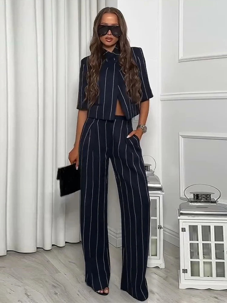 Elegant Striped Two Piece Coat and Pants Set for Women
