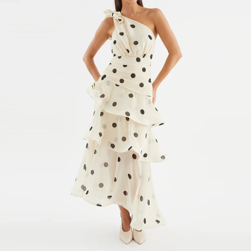 Elegant Polka Dot Ruffle Draped Maxi Dress for Women