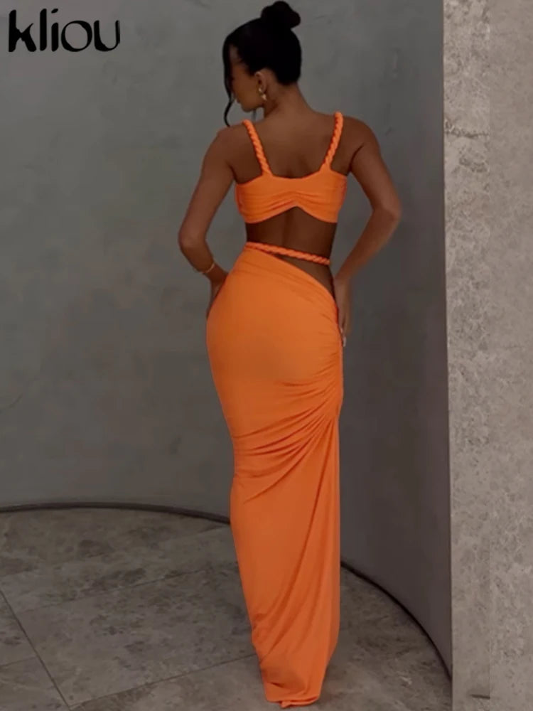 Woven Pleated Crop Top and Maxi Skirt Two Piece Set for Women