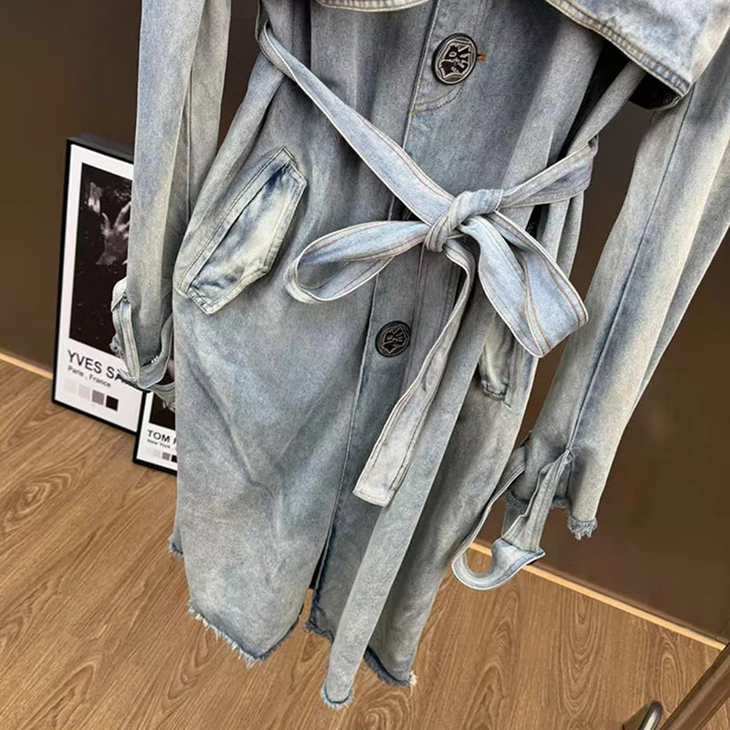 KUCLUT 2025 Autumn Fashion Elegant Turn-Down Collar Washed Denim Trench For Women With Belt Loose Street Style Coat 1A66505