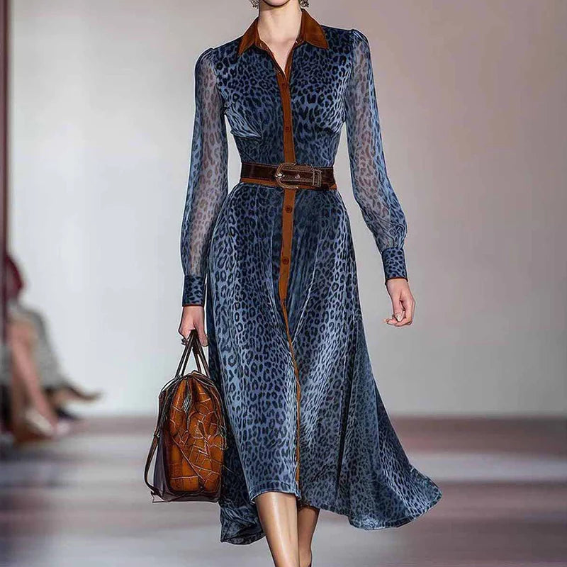 Lapel Retro Patchwork Printing Party Dress, Spring Autumn Women Long Sleeve Chic Maxi Dress, 2025 Buttons Elegant Ladies Dresses