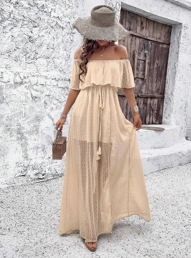 Boho Off Shoulder Short Sleeve Maxi Dress for Women
