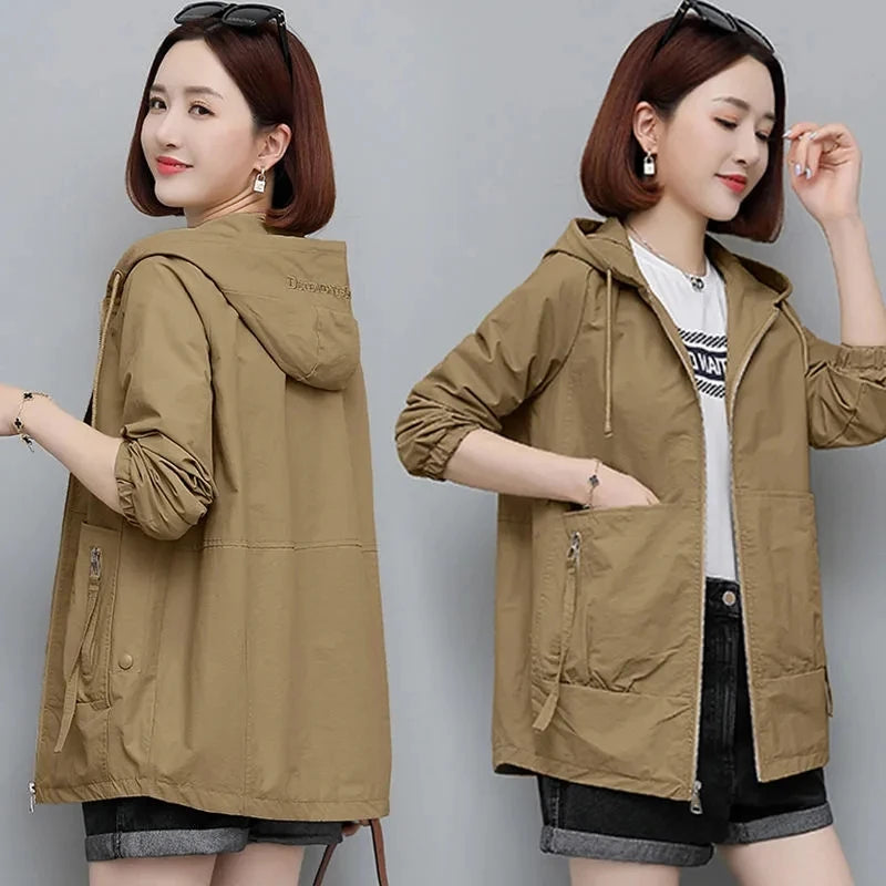 Lining Hooded Coat Female Spring And Autumn Temperament Short Jacket Casual Short Trench Coat Female Hooded Outwear Khaki