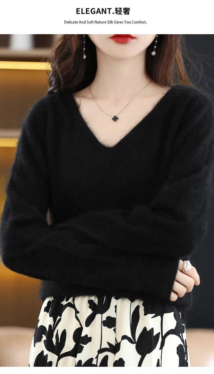 Soft Warm Loose Fit V Neck Cashmere Sweater for Women