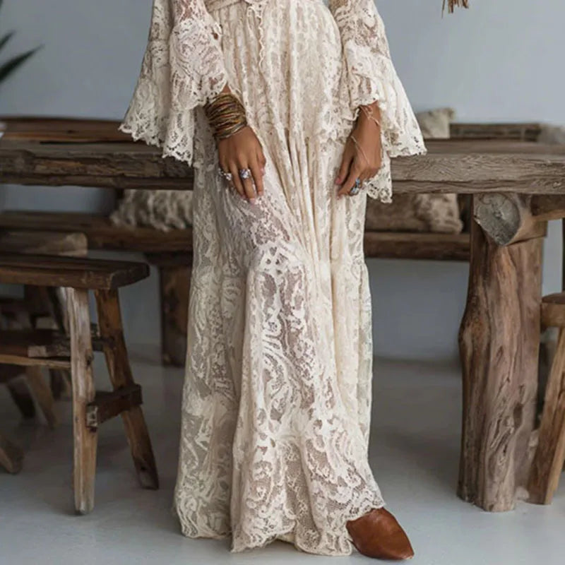 Elegant Deep V Neck Lace Embroidered Maxi Dress for Women