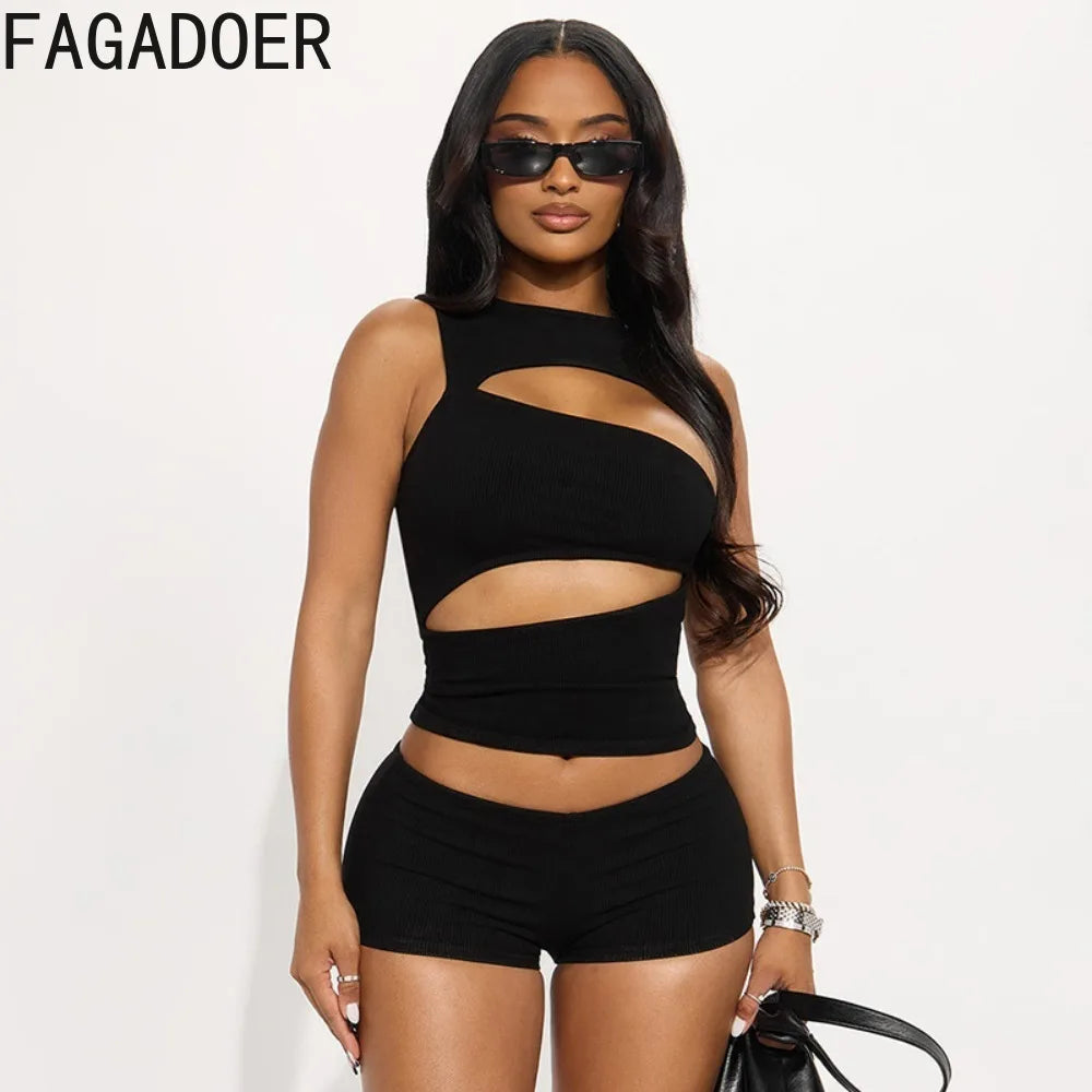 Hollow-Out Patchwork Crop Top and Shorts Set for Women