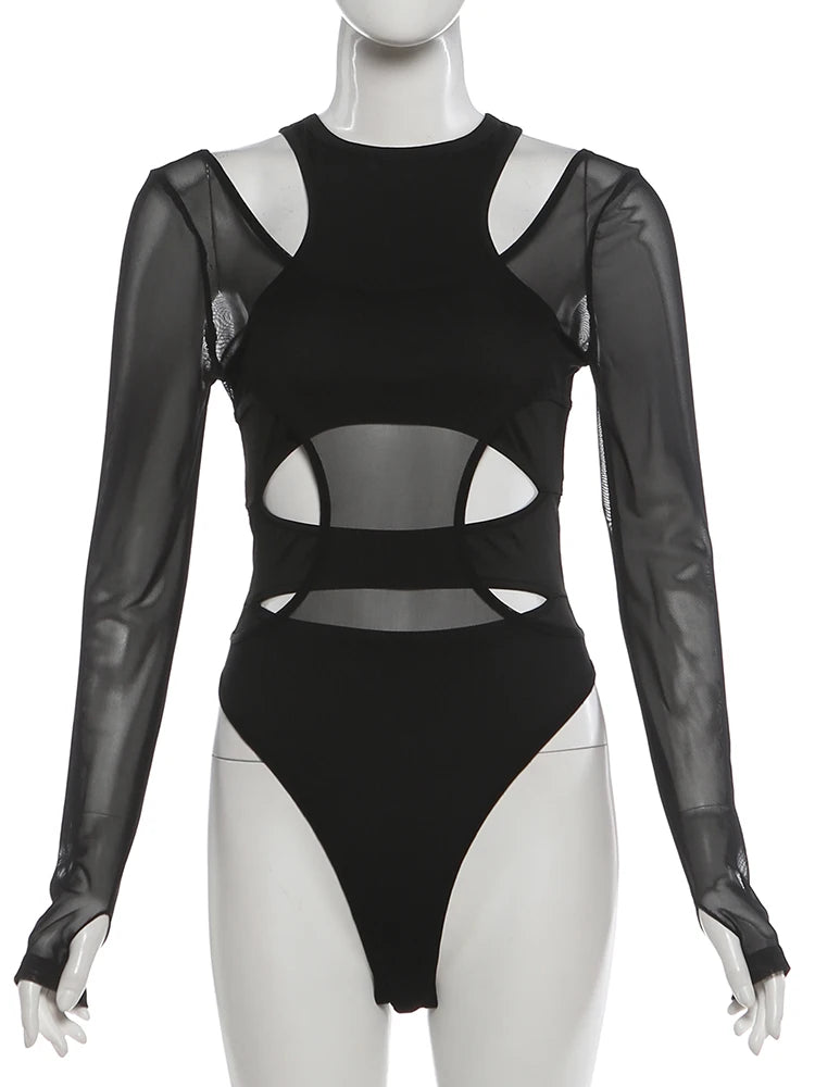 Mesh Patchwork Bodysuit With Long Sleeves for Women