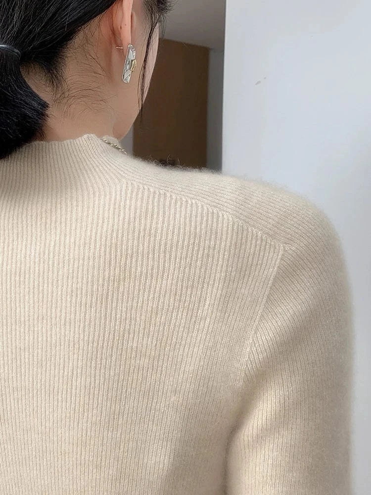 Women 100% Cashmere Sweater Mock Neck Pullover Autumn Winter Slim Basic Cashmere Knitwear Soft Warm High Strecth Pullover Tops