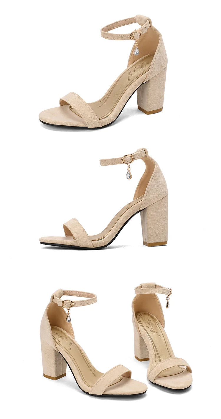 Beige Suede Rhinestone Block Heel Sandals