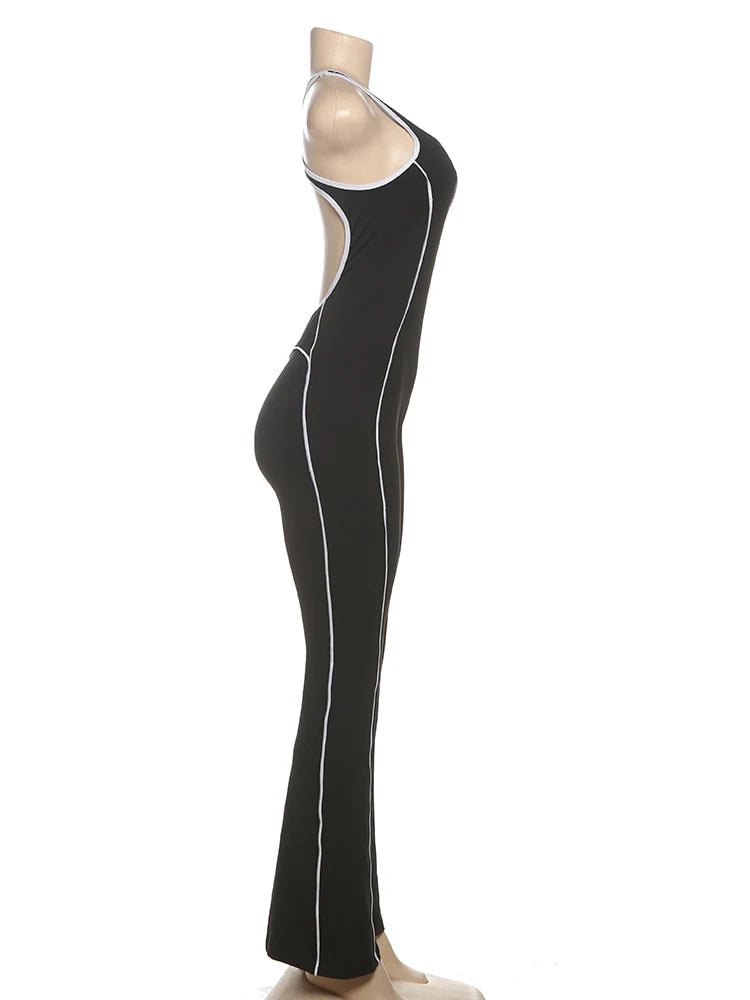 Cutenew Panelled Stripe Women Jumpsuits Casual Summer Sporty O-neck Sleeveless Backless Skinny Overalls Female Active One Piece