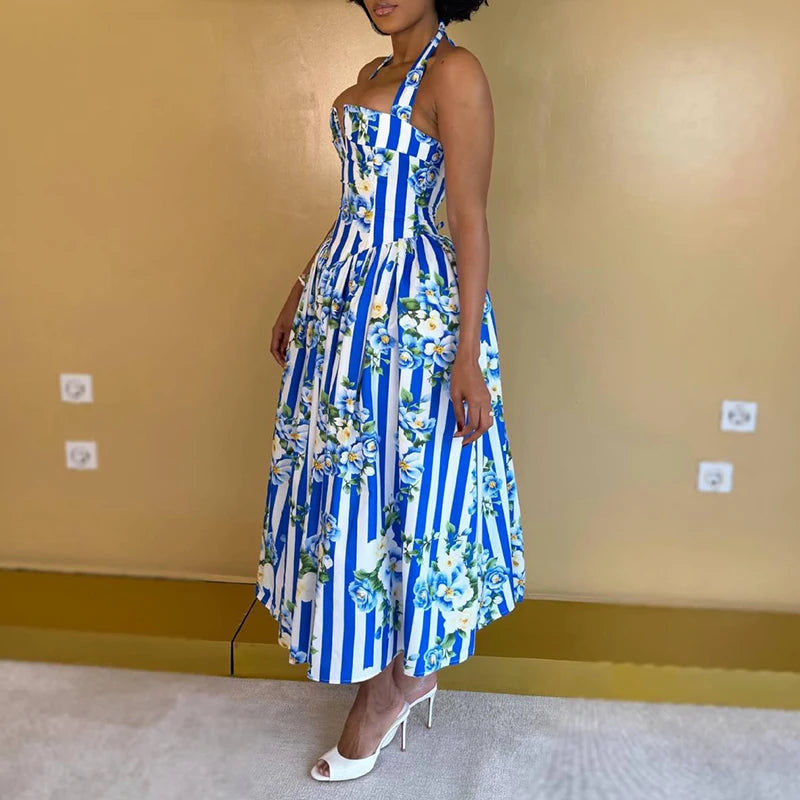 Women Elegant Backless Waist Vacation Dresses Sweet Style Floral Print Formal Party Dress Sexy Halter Sleeveless Bohe Long Dress