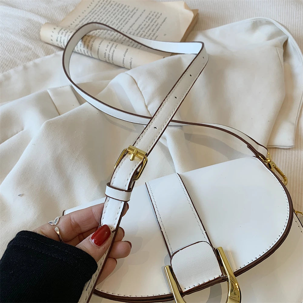 Solid Color Leather With Golden Hardware Saddle Shoulder Bag for Women