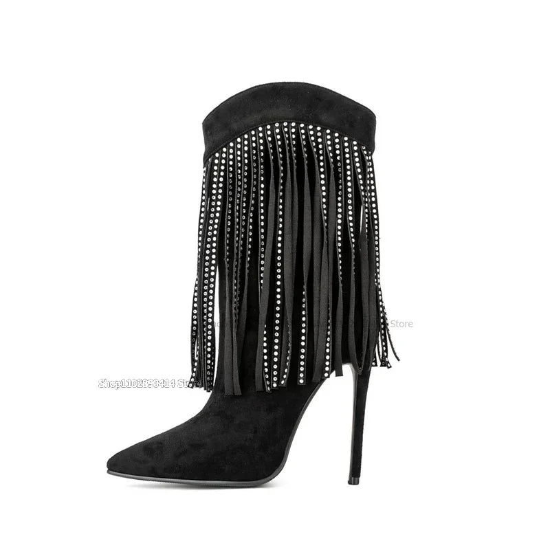 Black Pointed Toe Boots With Crystal Tassels For Women