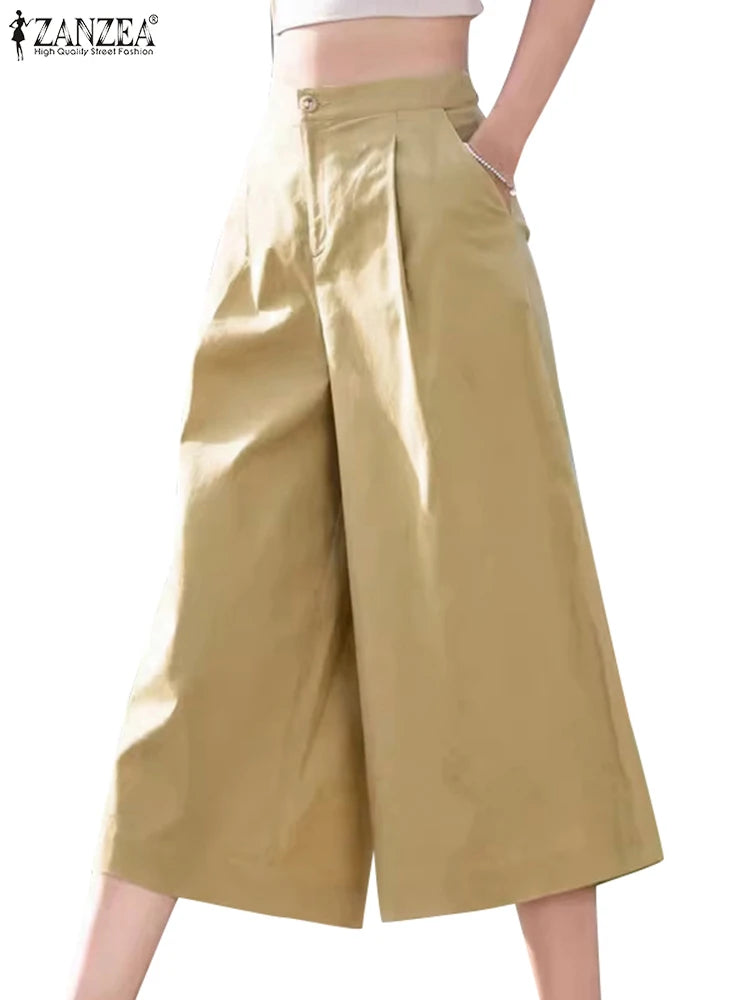ZANZEA Women Straight Long Pants Korean High Waist Pantalons Casual Loose Wide Leg Cropped Trousers 2024 Summer Holiday Bottoms