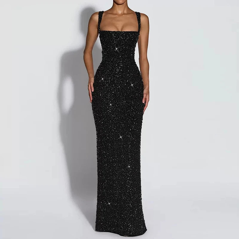 Elegant Sequined Backless Sleeveless Maxi Party Dress for Women