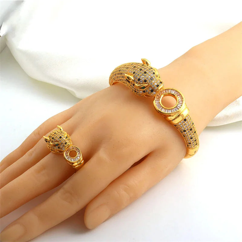 Leopard Pave Bracelet and Ring Jewelry Set for Women