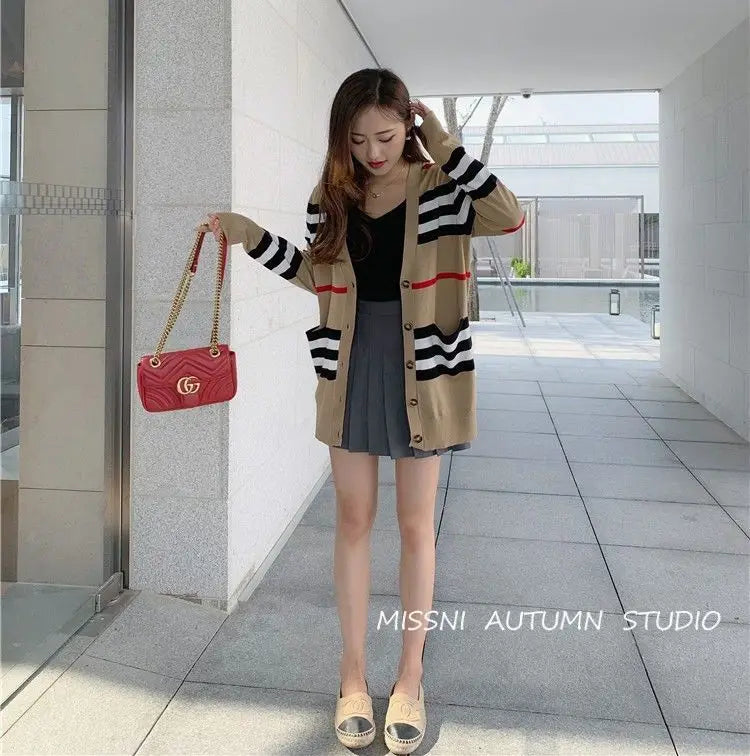 Women's Coat Spring and Autumn Classic Striped Color-block V-neck Mid-length Knitted Cardigan Loose Sweater Coat