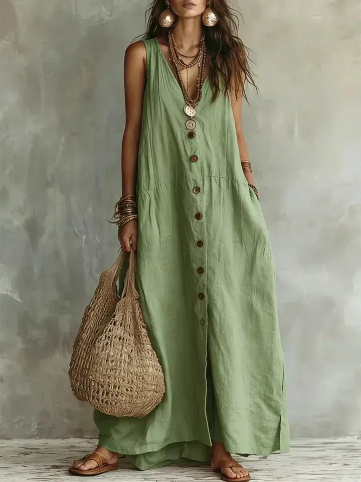 Spaghetti Strap V Neck Front Button Pocket Linen Maxi Dress for Women
