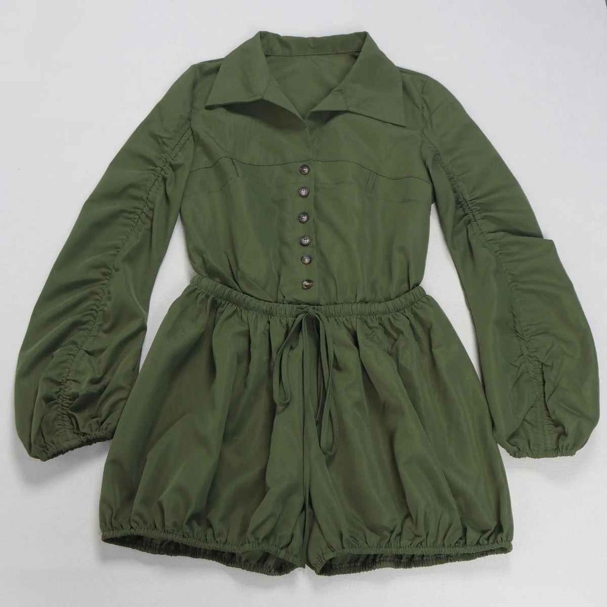 Elegant Ruched Drawstring Lantern Sleeve Romper for Women