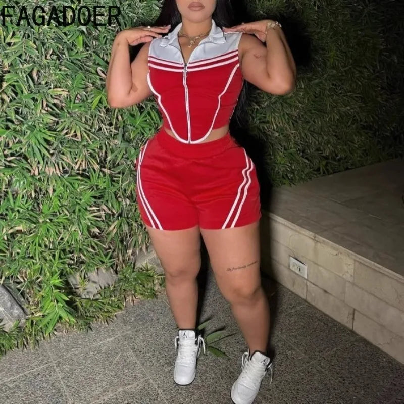 FAGADOER Casual Stripe Patchwork 2 Pieces Set for Woman Sleeveless Zipper Top and Pockets Shorts Outfits Female Sportywear New