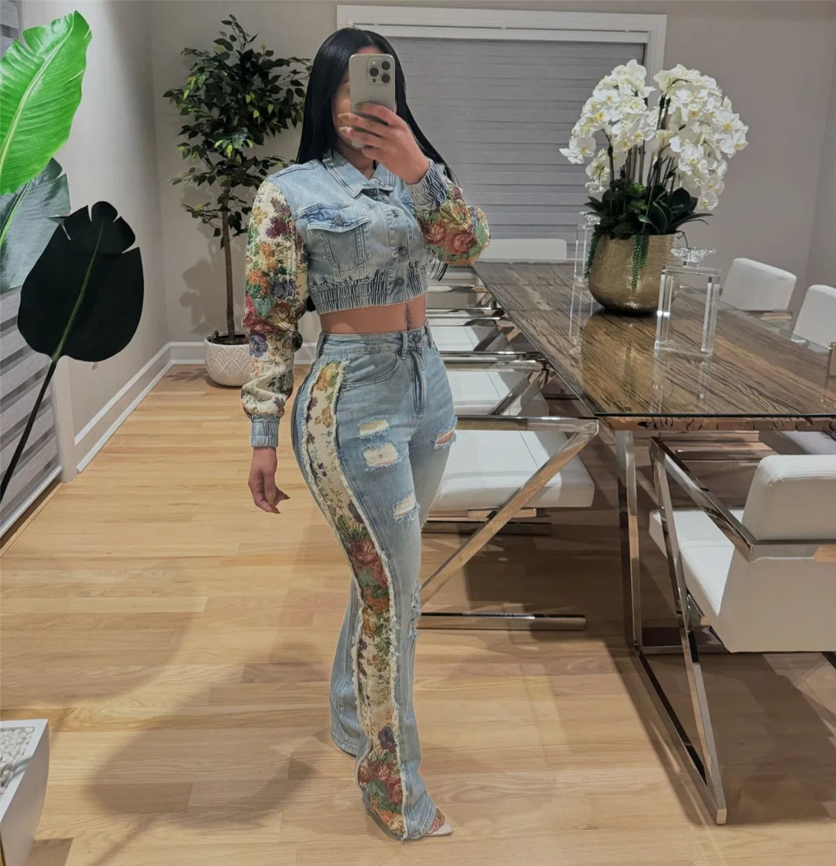 Patchwork Floral Denim Two Piece Set