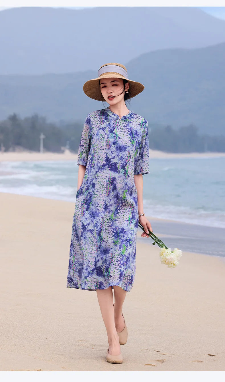 Casual Mandarin Collar Vintage Print Ramie Dress for Women