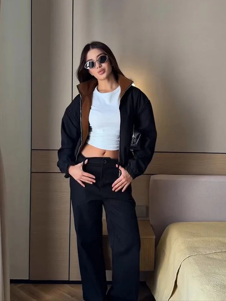 Loose Fit Zip-Up Track Jacket and Pants Set for Women