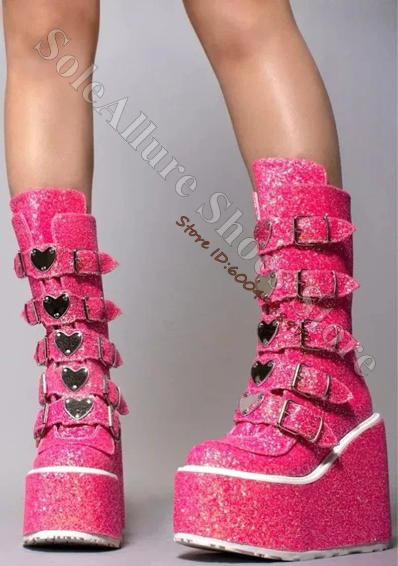 Glitter Heart Buckle Adjustable Mid Calf Wedge Boots For Women