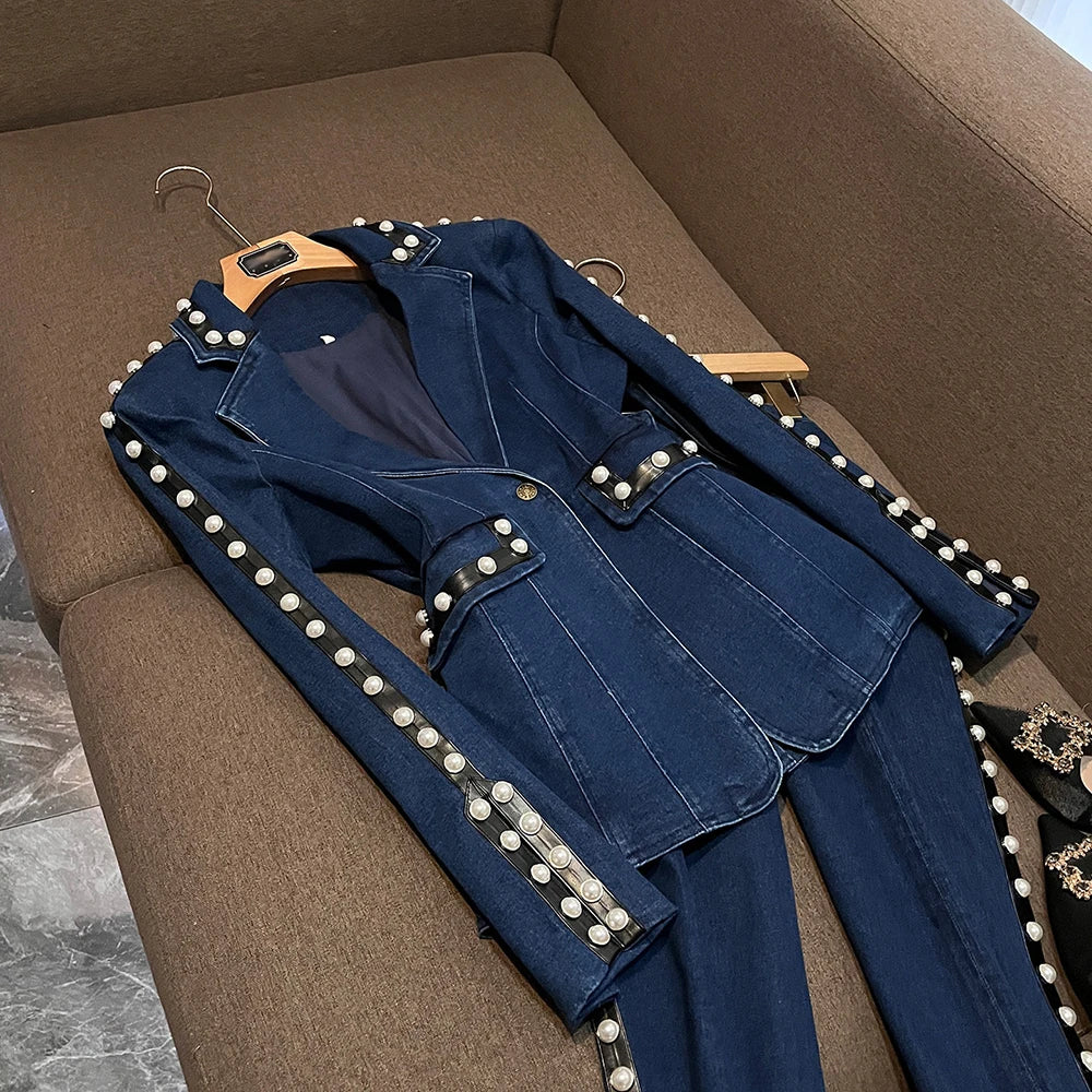 TWOTWINSTYLE Blue Denim Pearl Embellished Suit for Women Tailored Blazer Flared Pants Two Piece Set for Fashion Shows KSE559320