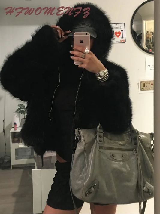 Winter Warm Hooded Faux Fur Long Sleeve Coat with Zipper for Women