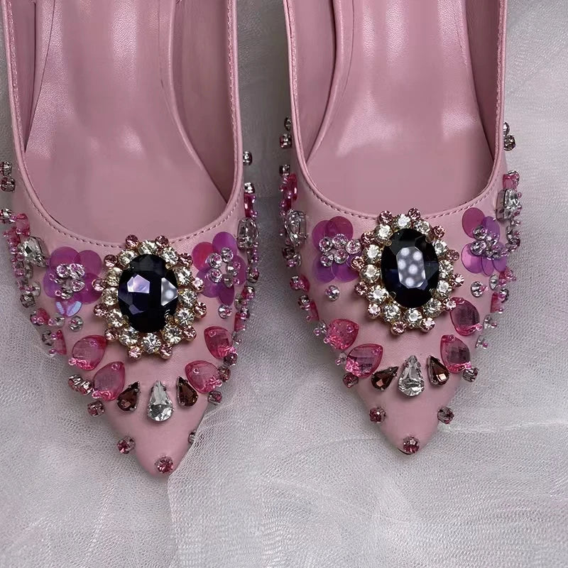 Elegant Pink Floral Rhinestone Slingback Wedding High Heels Pumps for Women