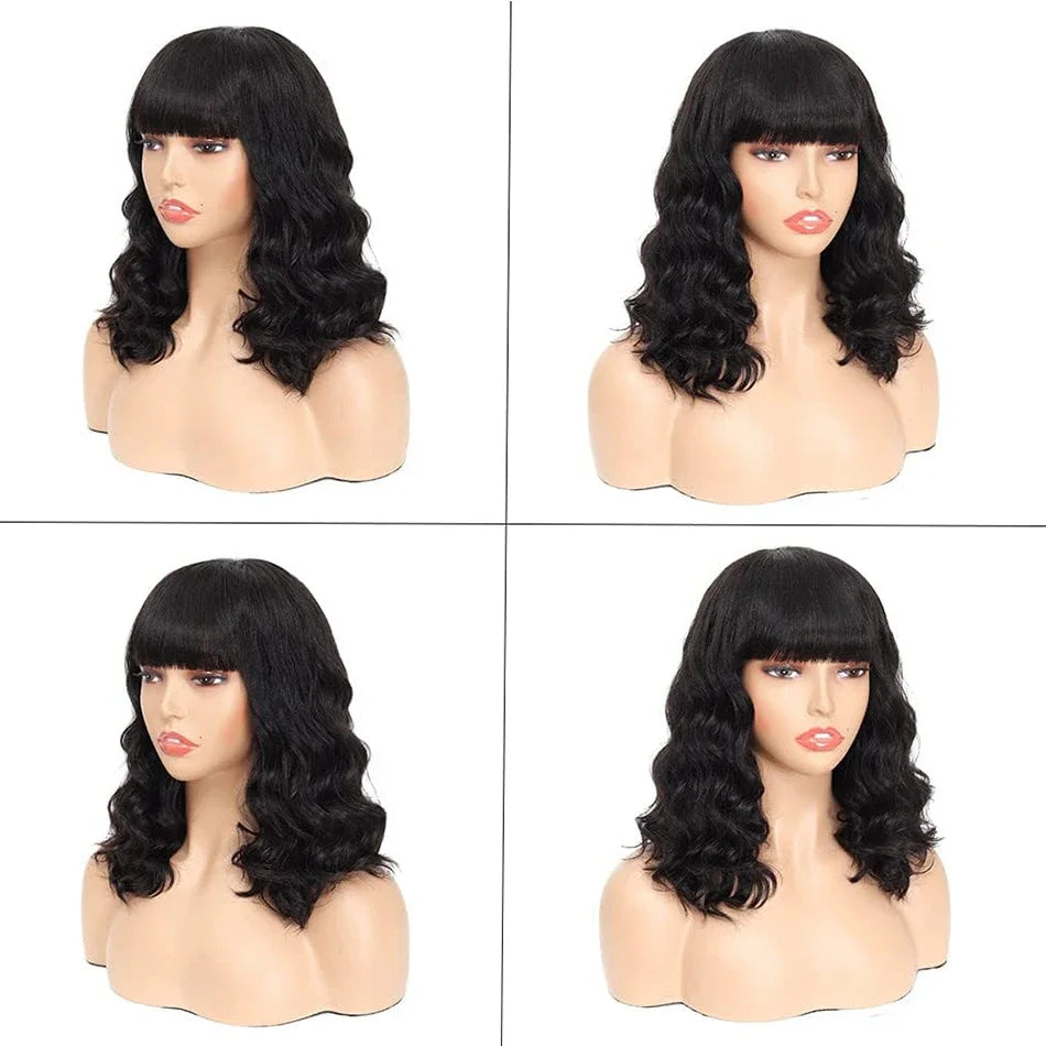 Natural Black Body Wave Bob Wig With Bangs for Women