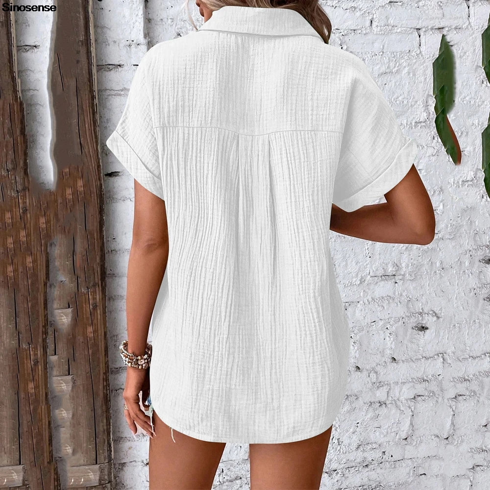 Short Sleeve Cotton Button Down Blouse With Pockets for Women