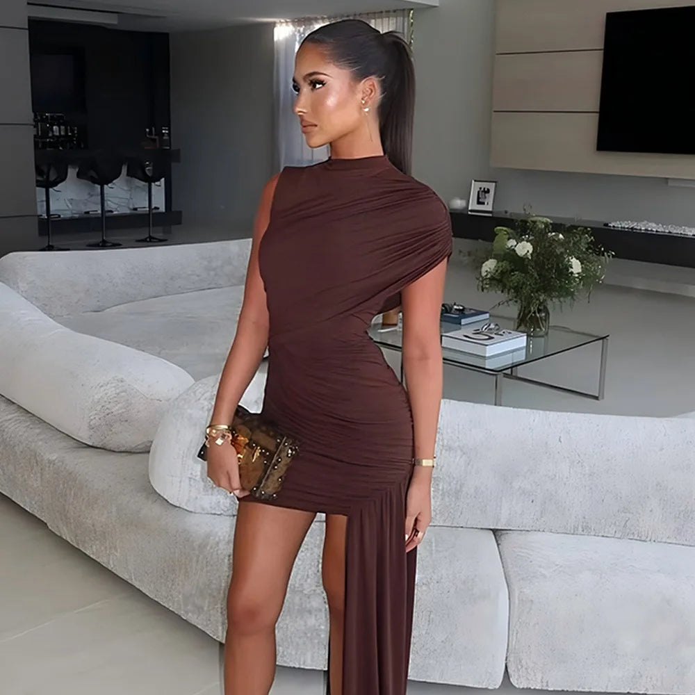 Elegant Irregular Pleated Tassel High Waist Mini Dress for Women