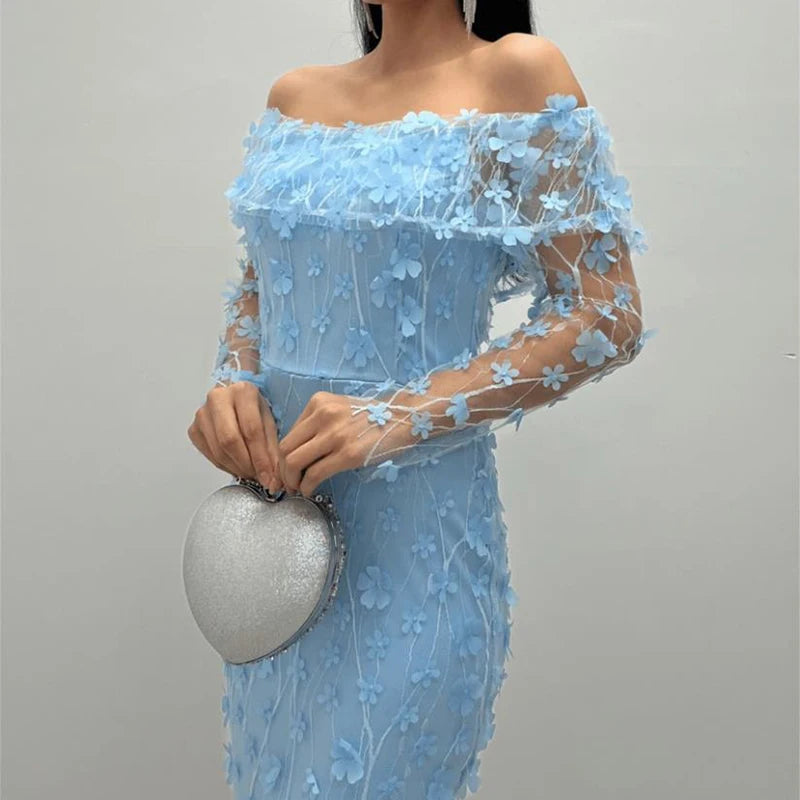 Floral Mesh Off Shoulder Slim Fit Party Long Dress for Women