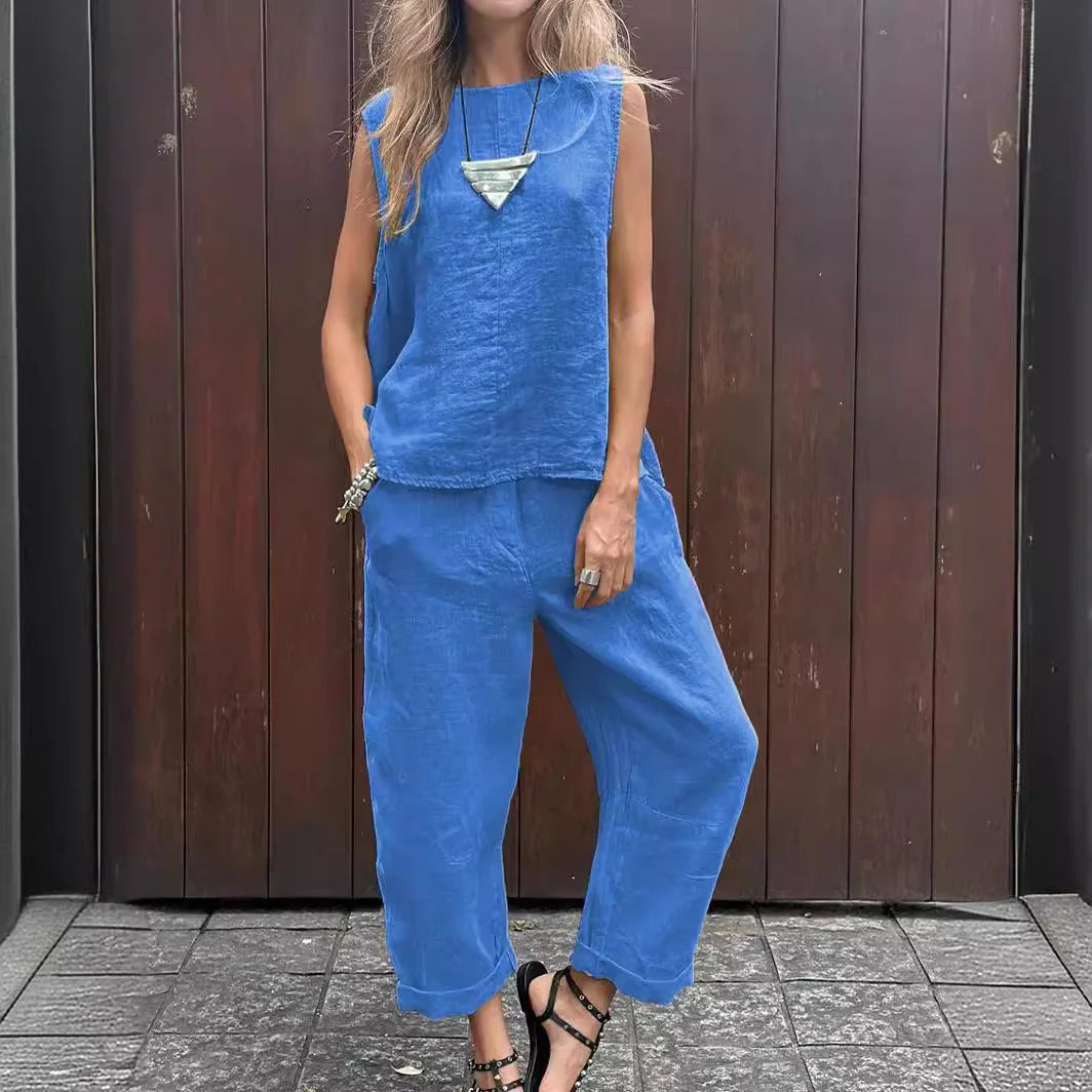 Casual Solid Color Tank Top and Pant Set for Women