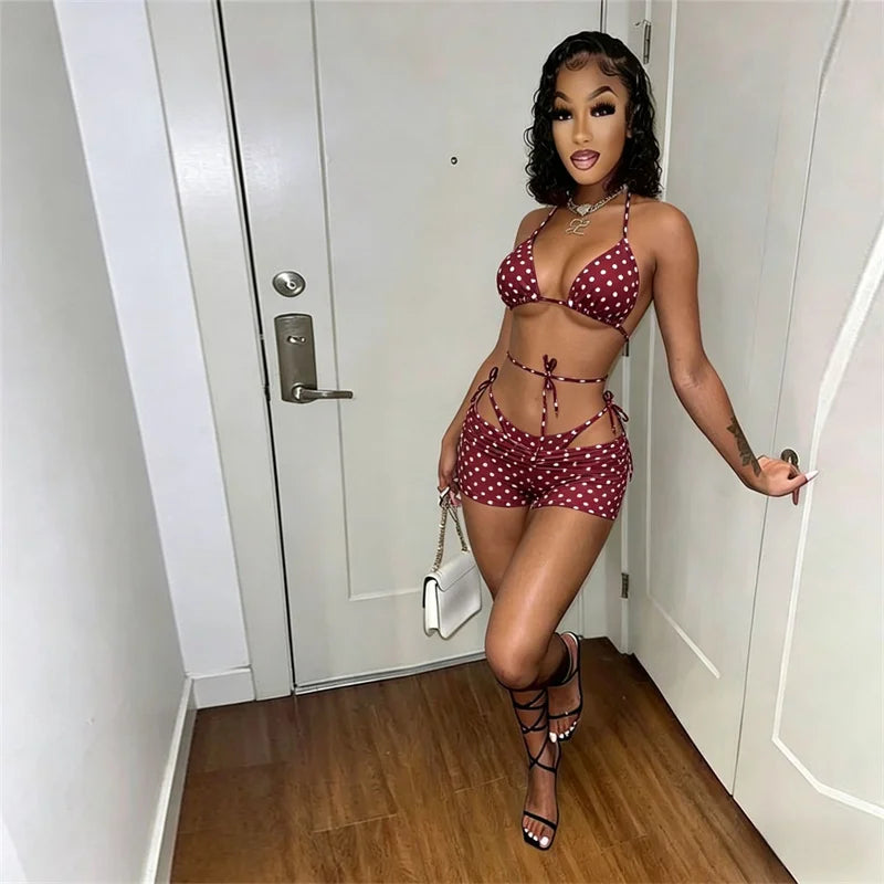 Polka Dot Lace Up Bikini Set with Briefs for Women