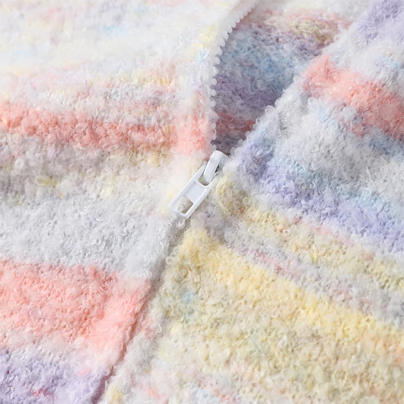 Colorful Rainbow Stripe Hooded Knit Cardigan for Women