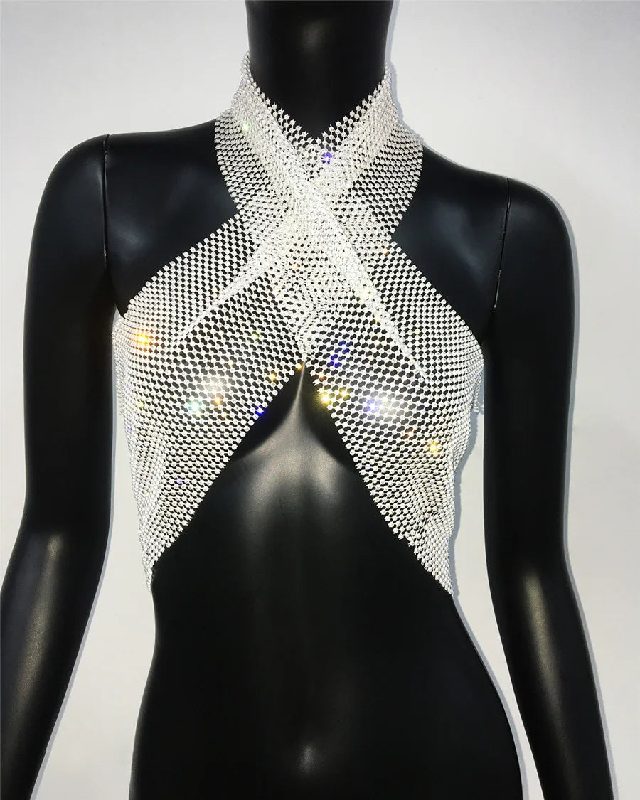 Rhinestone Fishnet Backless Halter Crop Top for Women