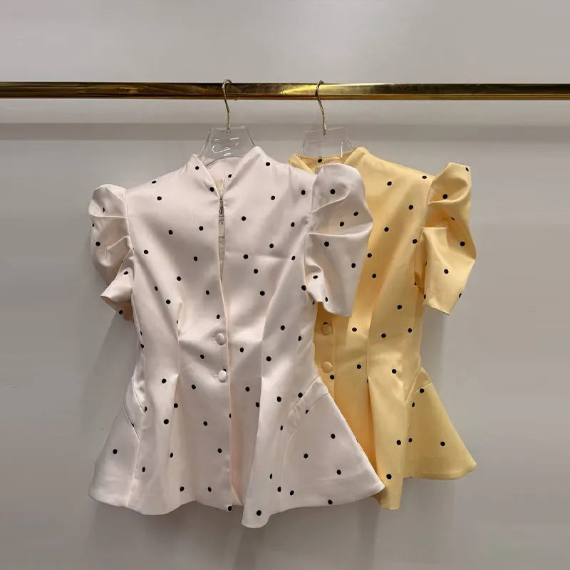 Elegant Printed Puff Sleeve Stand Collar Shirt for Women