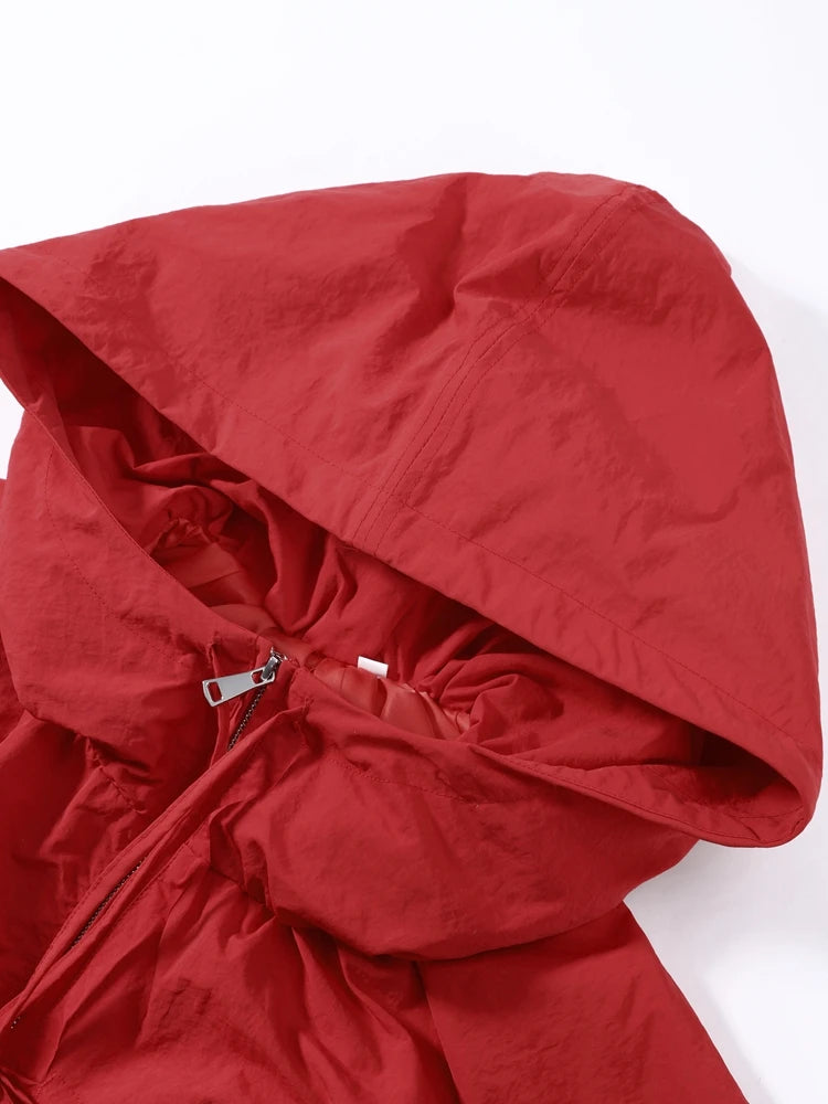 Hooded Zippered Stand Collar Lace-Up Jacket for Women