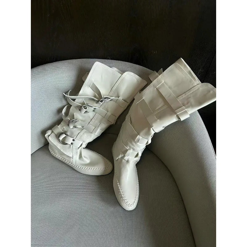 Flat Bottom Real Leather Mid Calf Boots With Metal Buckle For Women