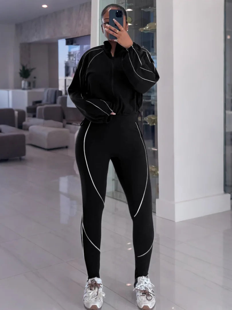 Slim Fit Long Sleeve Top and Pants Set for Women
