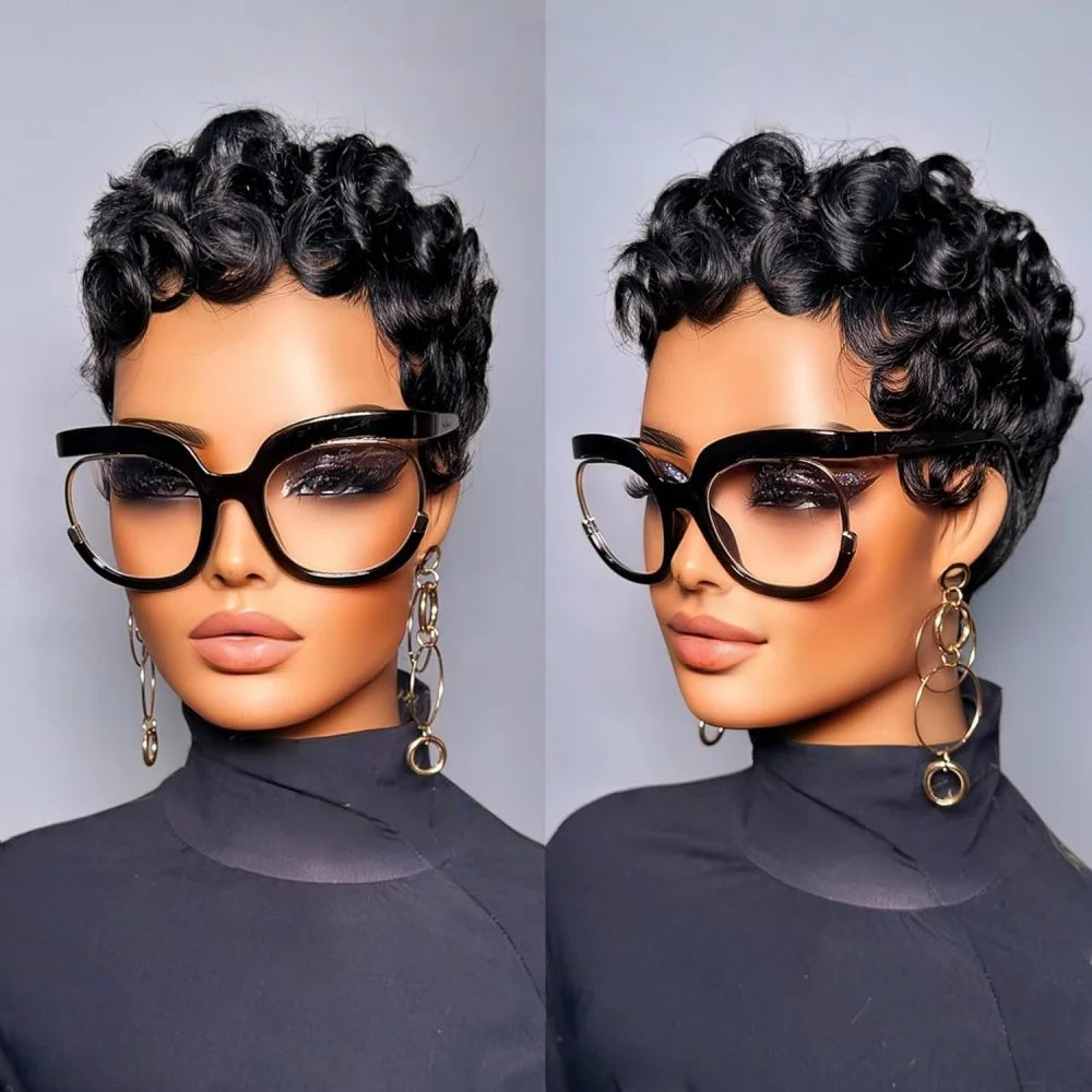 Short Curly Layered Pixie Cut Human Hair Wig for Women